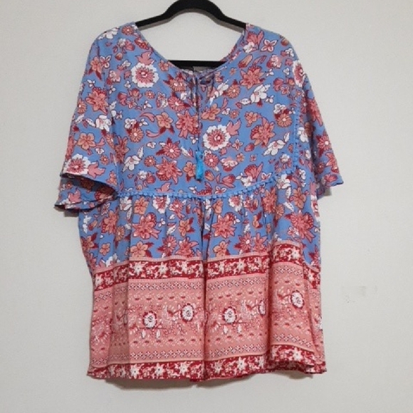 Rustty Dustty Floral Blue and Red Women's Top Blouse 3X Pull On Boho Festival - Picture 1 of 7